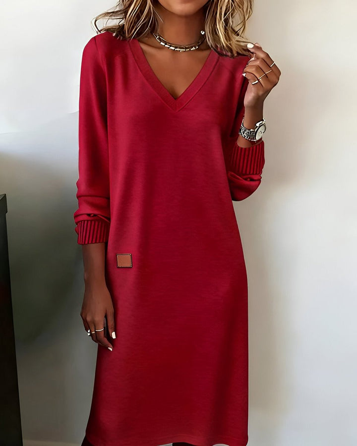 Threnova | Women's Long Sleeve V-Neck Midi Dress - Beige - Image 3