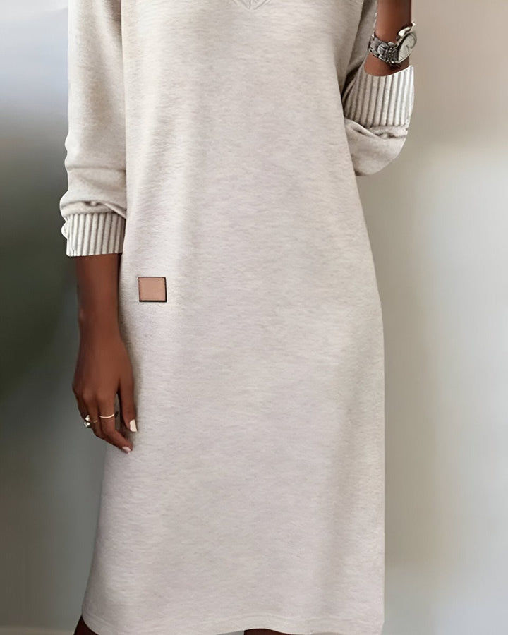 Threnova | Women's Long Sleeve V-Neck Midi Dress - Beige - Image 5