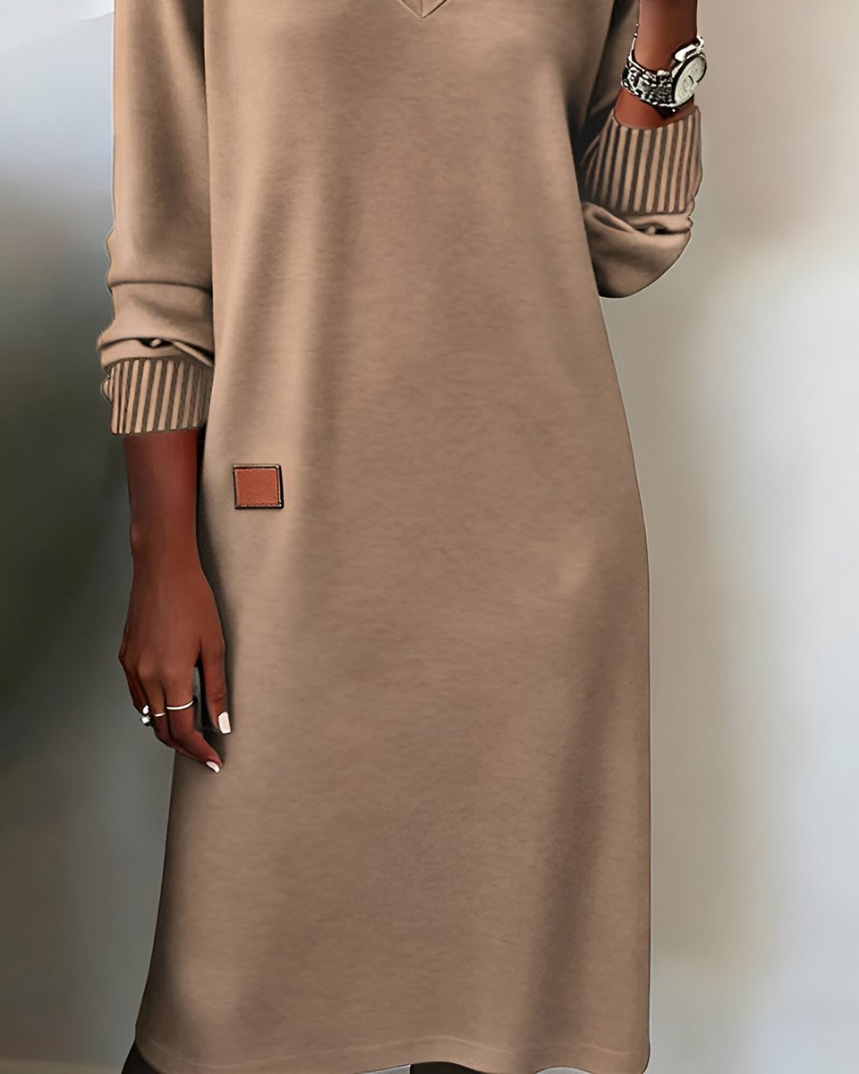Threnova | Women's Long Sleeve V-Neck Midi Dress - Beige - Image 7