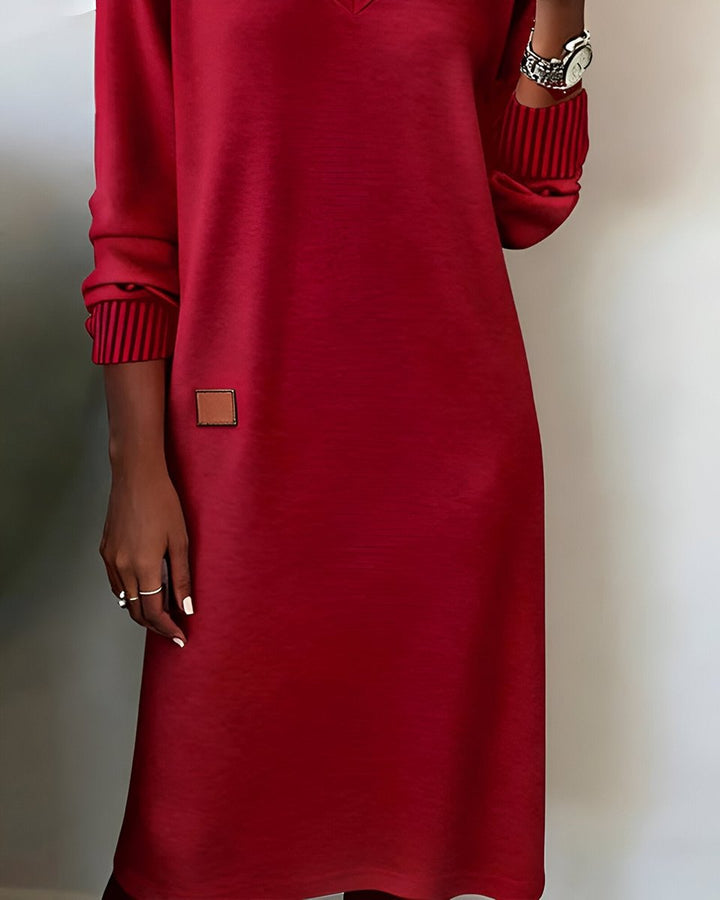 Threnova | Women's Long Sleeve V-Neck Midi Dress - Beige - Image 9