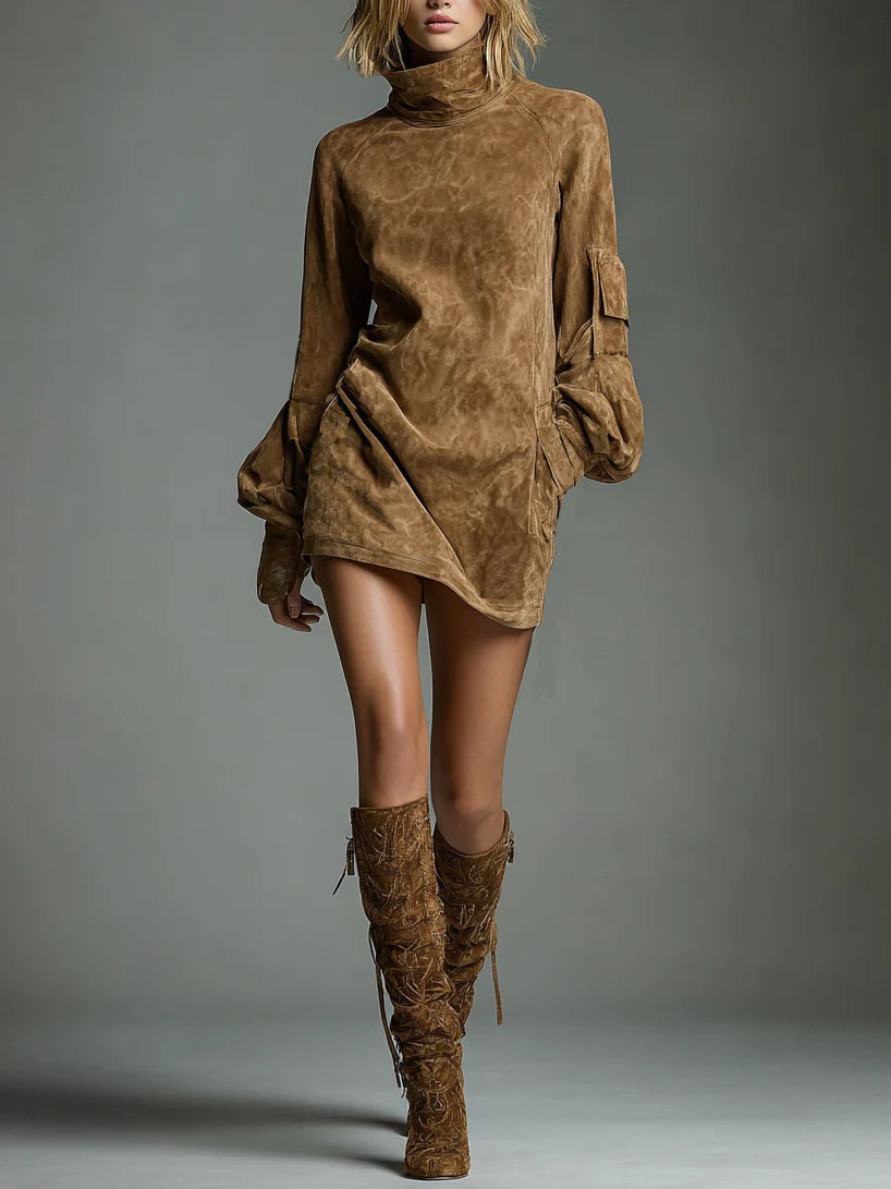 Threnova | Women's Mini Dress Turtleneck Long Sleeve - Camel - Image 1