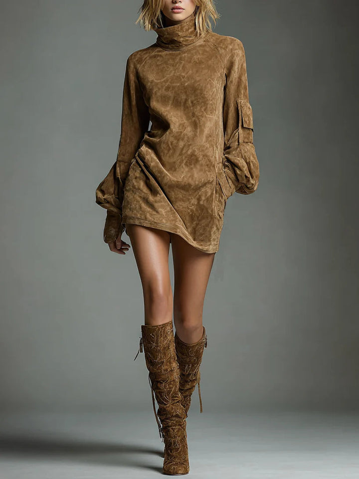 Threnova | Women's Mini Dress Turtleneck Long Sleeve - Camel - Image 1