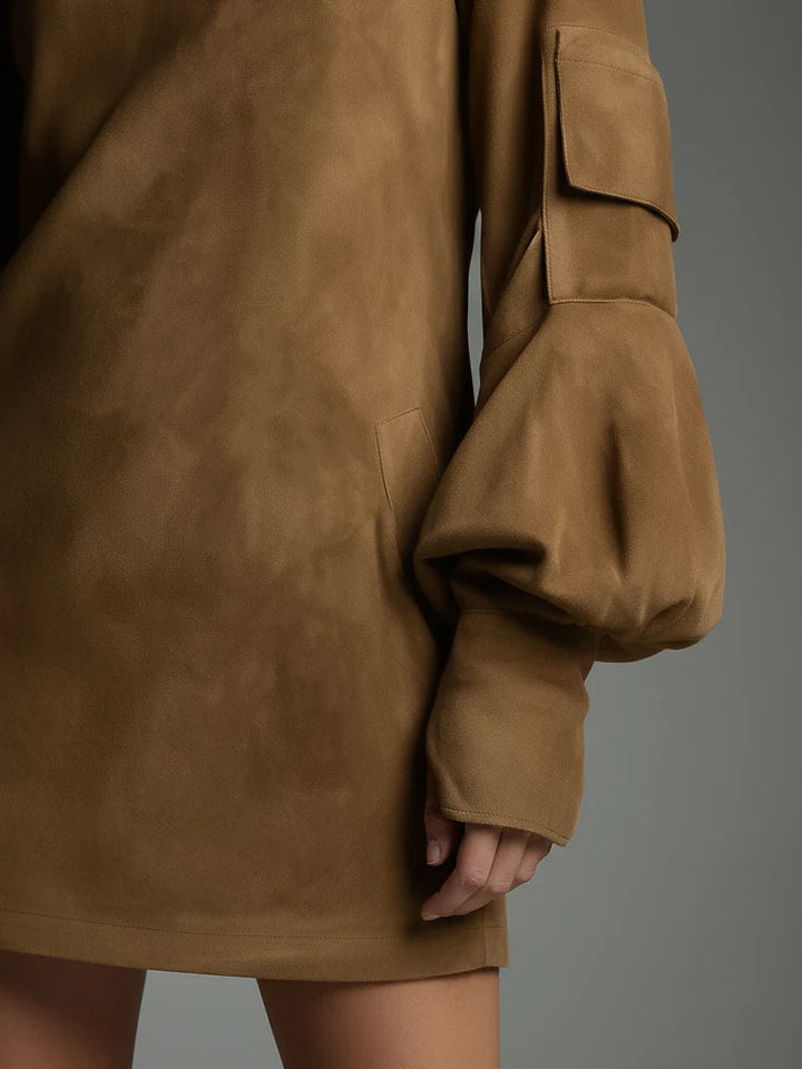 Threnova | Women's Mini Dress Turtleneck Long Sleeve - Camel - Image 3