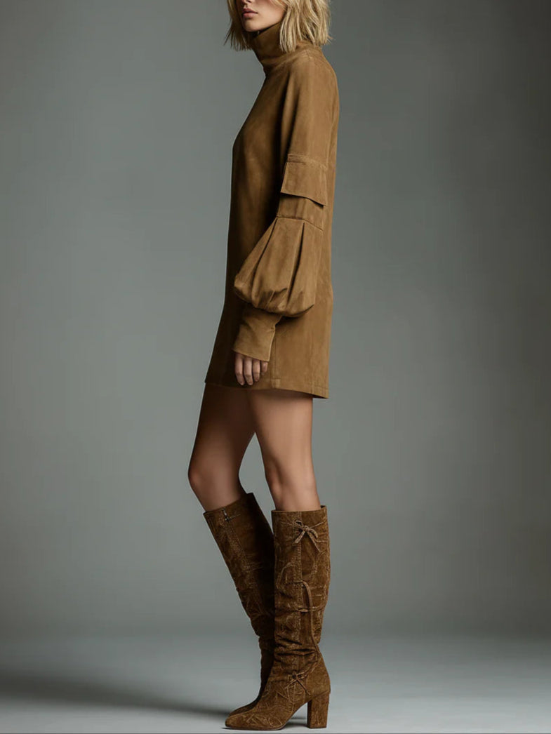 Threnova | Women's Mini Dress Turtleneck Long Sleeve - Camel - Image 4
