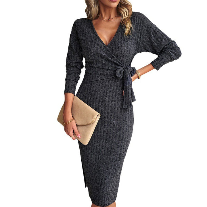 Threnova | Women's Ribbed Wrap Midi Dress Tie Waist - Light Grey - Image 9