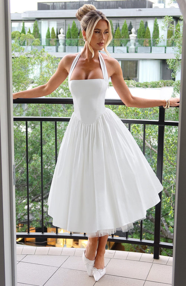 Threnova | Women's Wedding Guest Halter Midi Dress - White - Image 2
