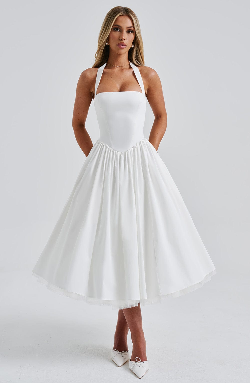 Threnova | Women's Wedding Guest Halter Midi Dress - White - Image 5