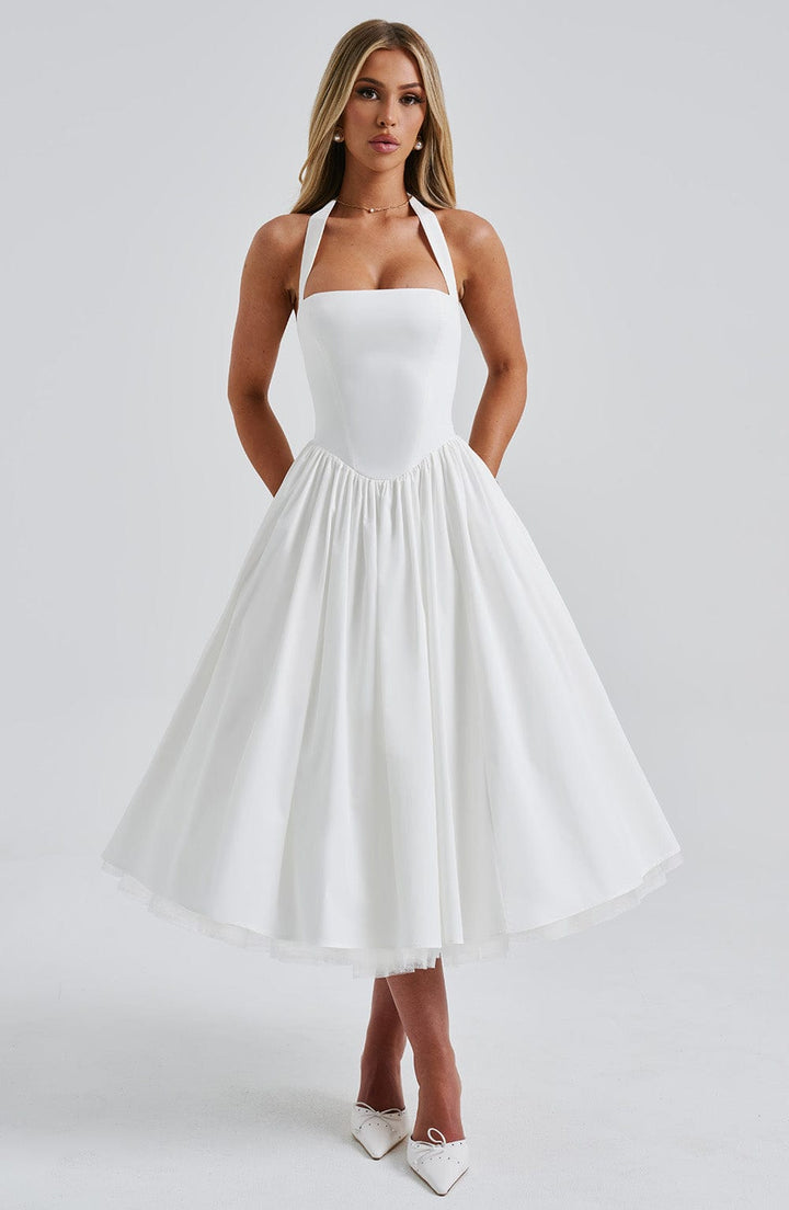 Threnova | Women's Wedding Guest Halter Midi Dress - White - Image 5