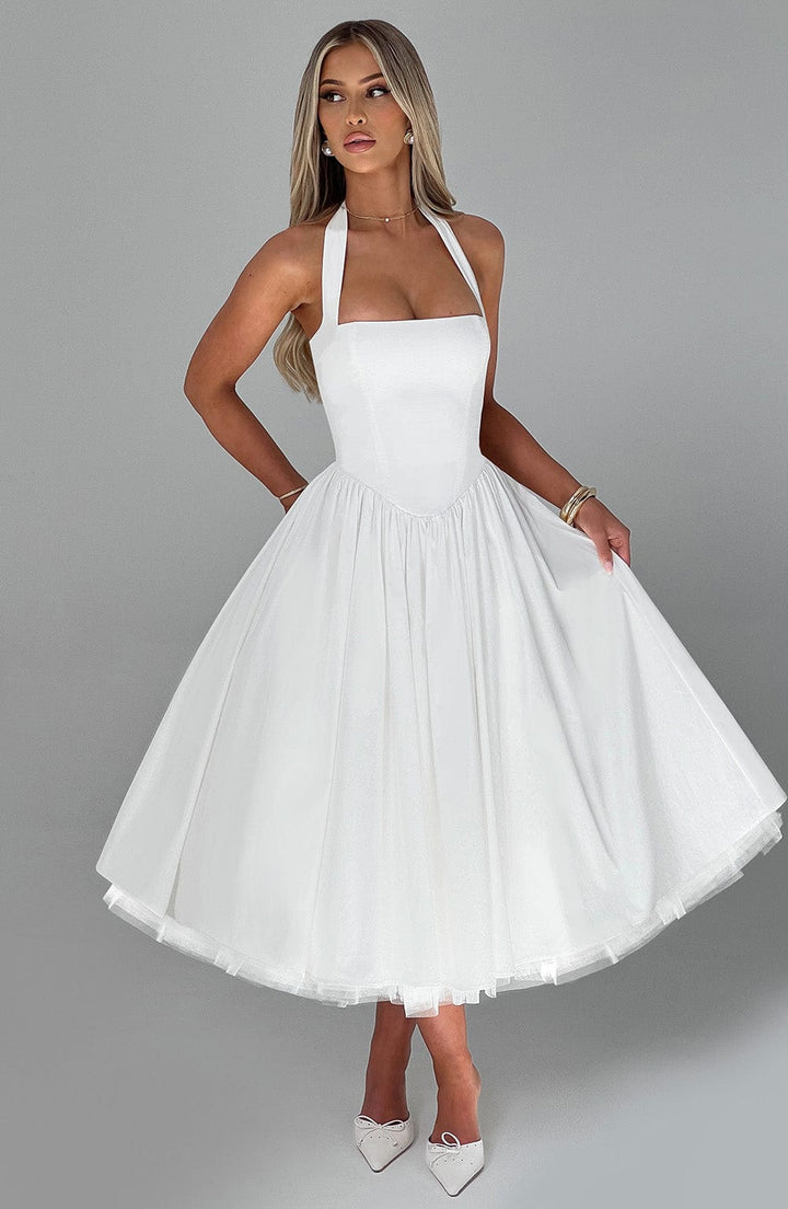 Threnova | Women's Wedding Guest Halter Midi Dress - White - Image 7