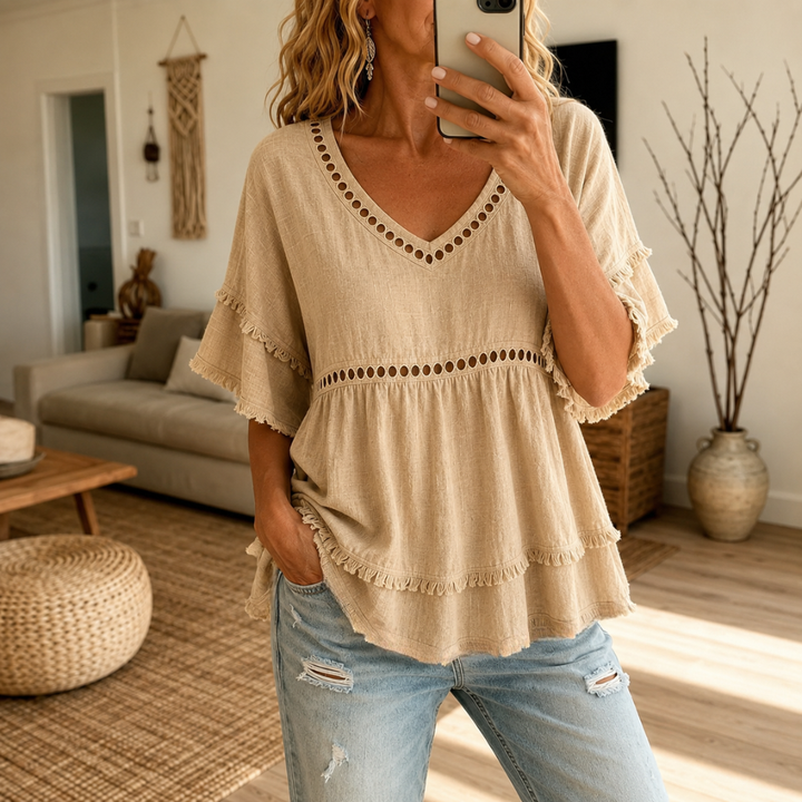 Tindara | Women's Boho Top Linen Peplum Blouse - Beige - Image 13