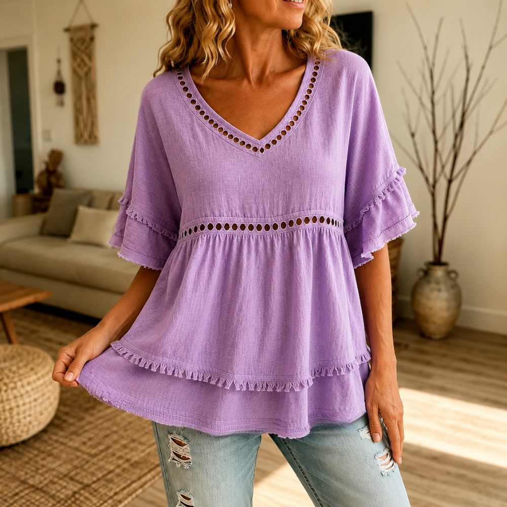 Tindara | Women's Boho Top Linen Peplum Blouse - Beige - Image 16