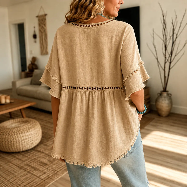 Tindara | Women's Boho Top Linen Peplum Blouse - Beige - Image 3