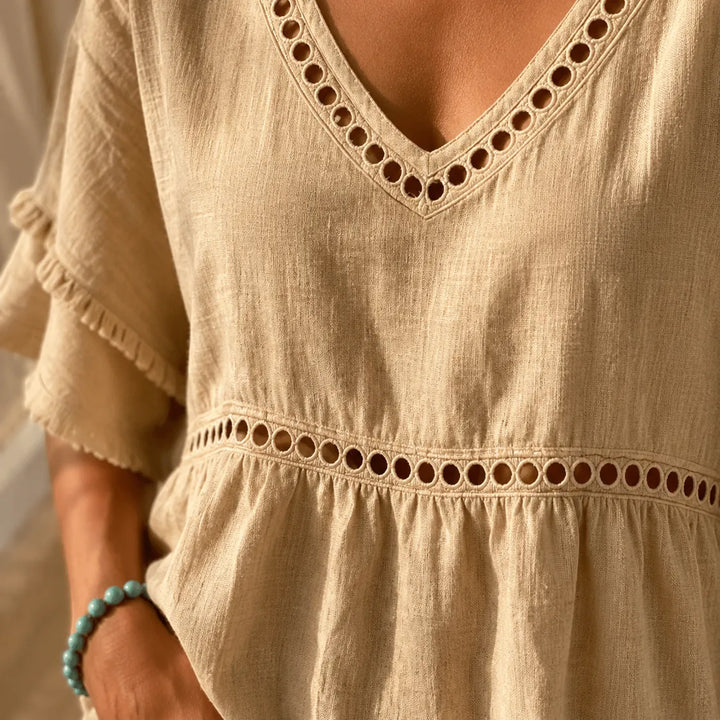 Tindara | Women's Boho Top Linen Peplum Blouse - Beige - Image 5