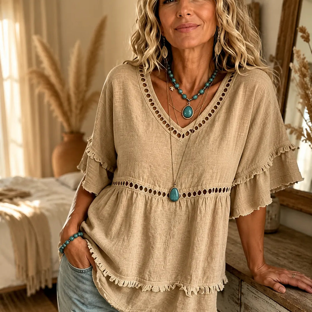Tindara | Women's Boho Top Linen Peplum Blouse - Beige - Image 6