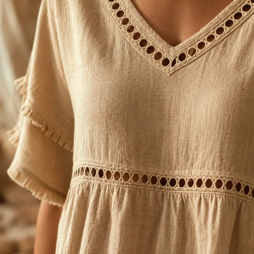 Tindara | Women's Boho Top Linen Peplum Blouse - Beige - Image 7
