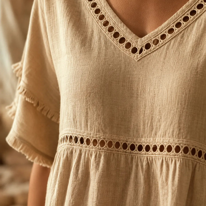 Tindara | Women's Boho Top Linen Peplum Blouse - Beige - Image 7