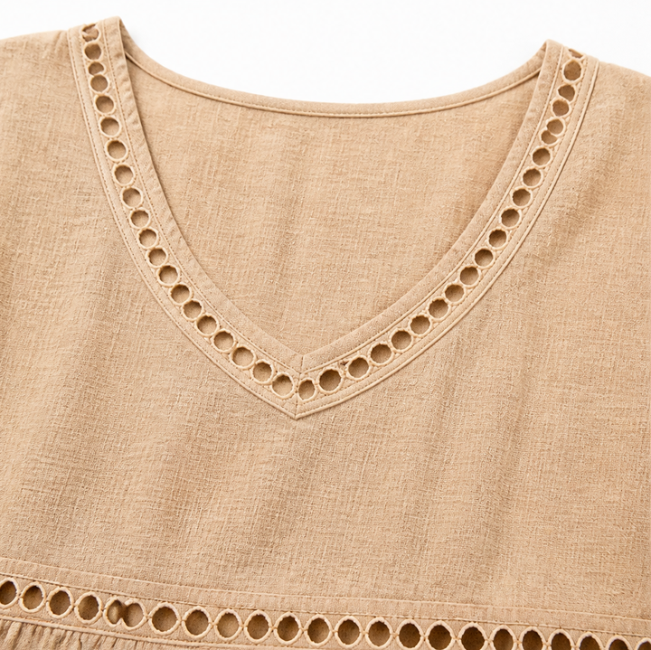 Tindara | Women's Boho Top Linen Peplum Blouse - Beige - Image 8