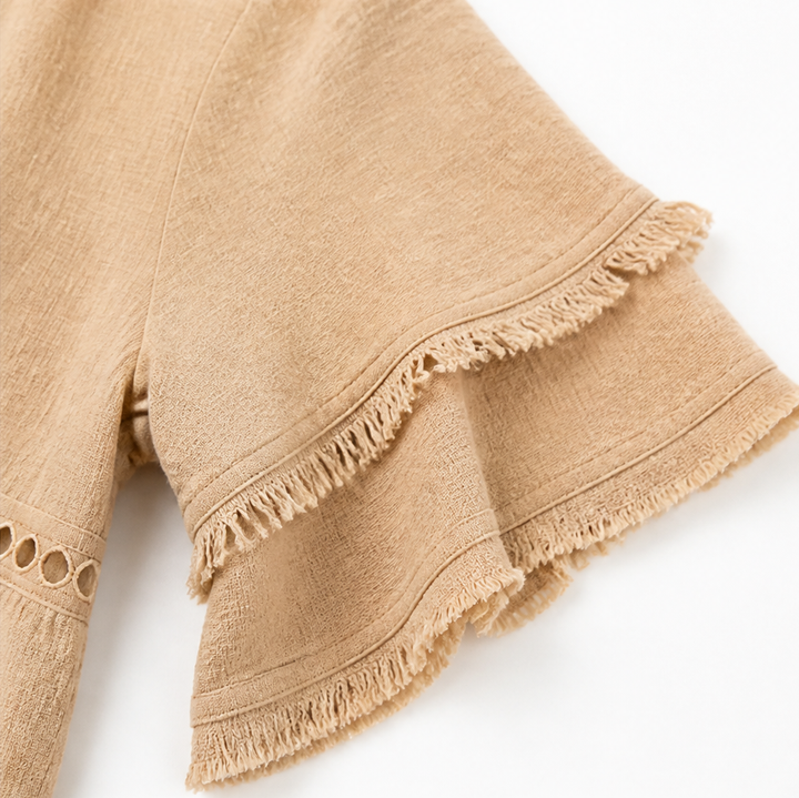 Tindara | Women's Boho Top Linen Peplum Blouse - Beige - Image 9