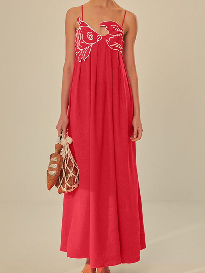 Tindara | Women's Embroidered Maxi Dress Spaghetti Strap - Red - Image 1