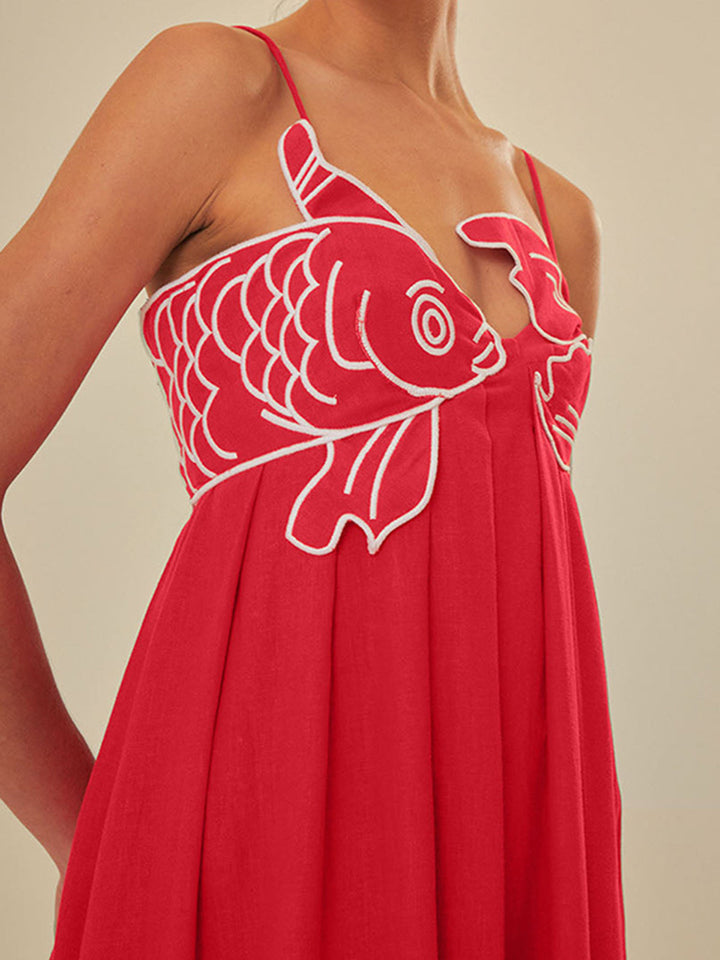 Tindara | Women's Embroidered Maxi Dress Spaghetti Strap - Red - Image 3
