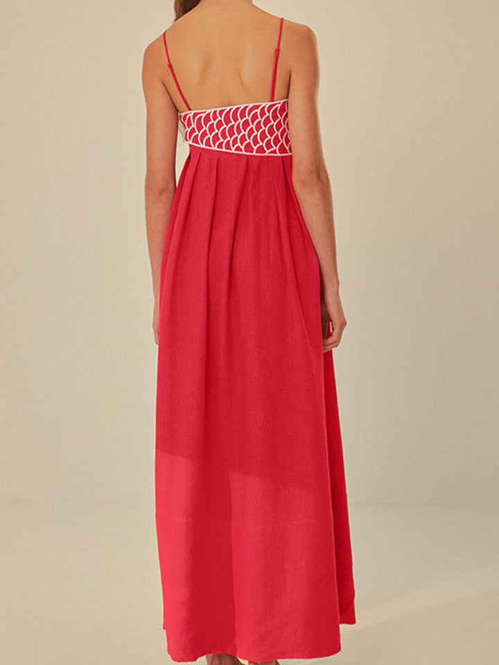 Tindara | Women's Embroidered Maxi Dress Spaghetti Strap - Red - Image 4