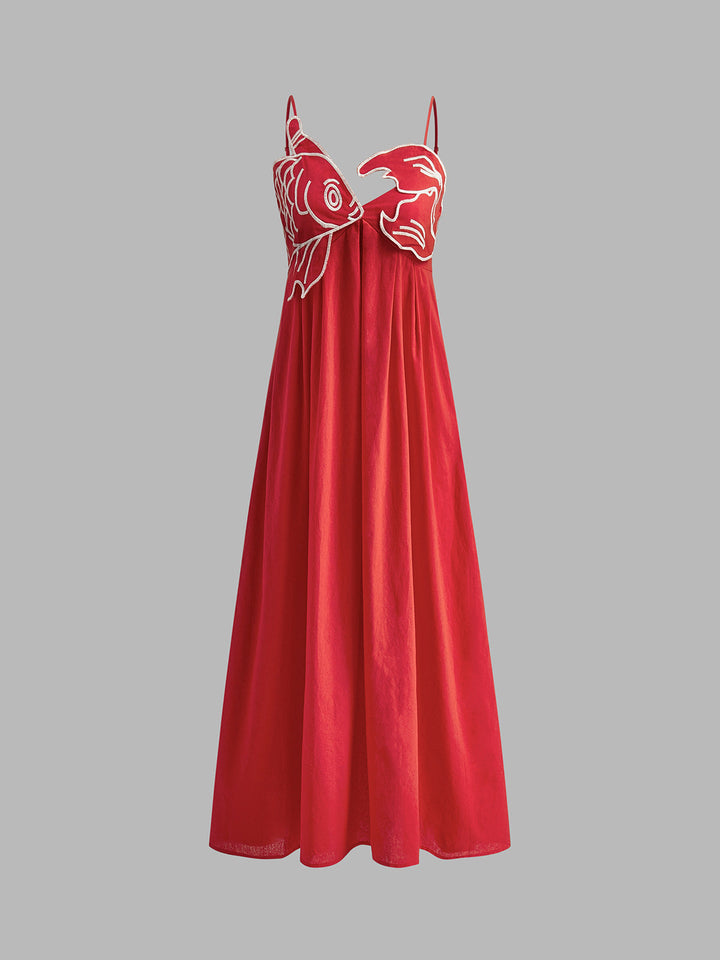 Tindara | Women's Embroidered Maxi Dress Spaghetti Strap - Red - Image 6