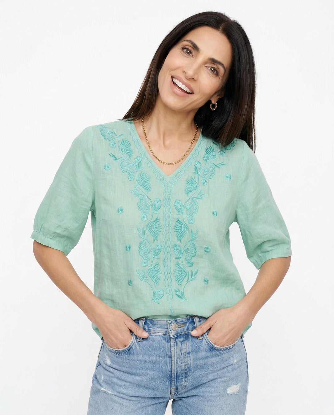 Tindelle | Women's Boho Embroidered Linen Blouse - Sage - Image 1