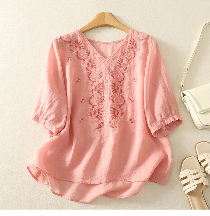 Tindelle | Women's Boho Embroidered Linen Blouse - Sage - Image 12