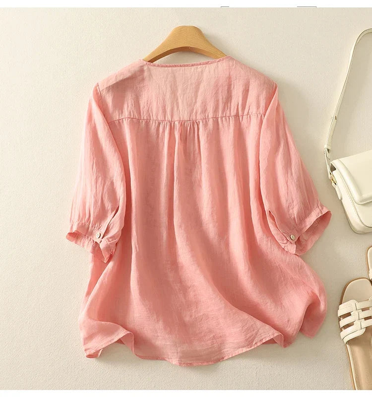 Tindelle | Women's Boho Embroidered Linen Blouse - Sage - Image 13