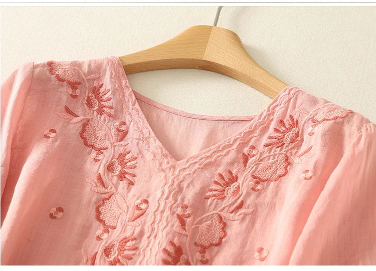Tindelle | Women's Boho Embroidered Linen Blouse - Sage - Image 14