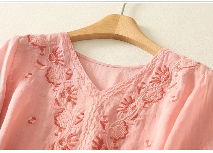 Tindelle | Women's Boho Embroidered Linen Blouse - Sage - Image 14