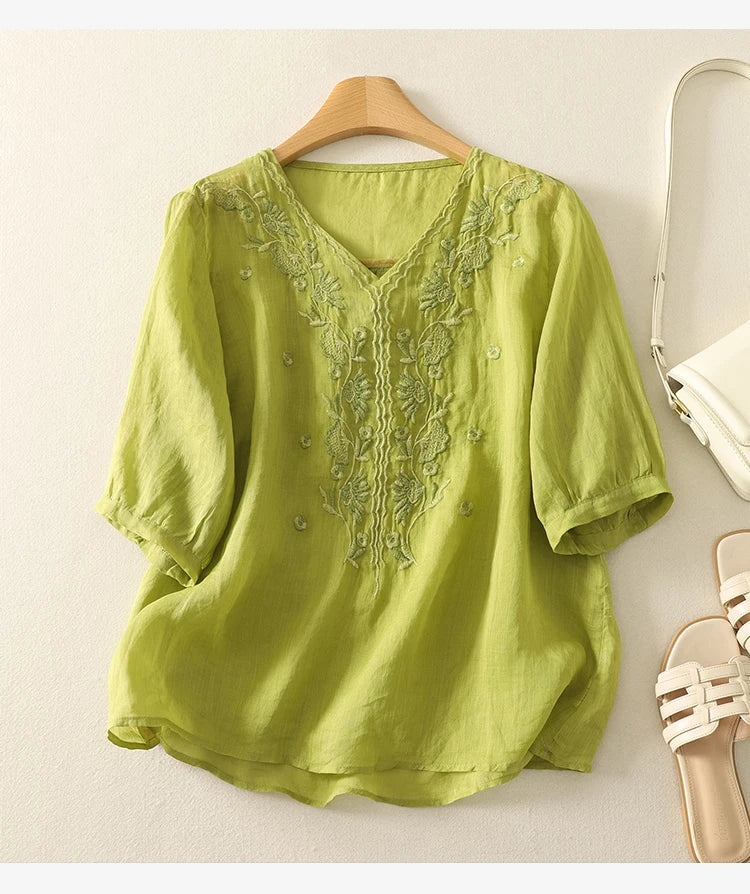 Tindelle | Women's Boho Embroidered Linen Blouse - Sage - Image 18