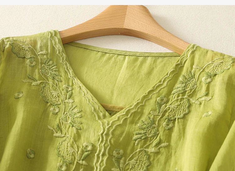 Tindelle | Women's Boho Embroidered Linen Blouse - Sage - Image 19