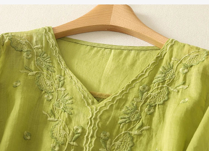 Tindelle | Women's Boho Embroidered Linen Blouse - Sage - Image 19
