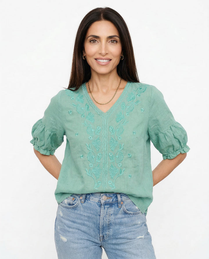 Tindelle | Women's Boho Embroidered Linen Blouse - Sage - Image 2