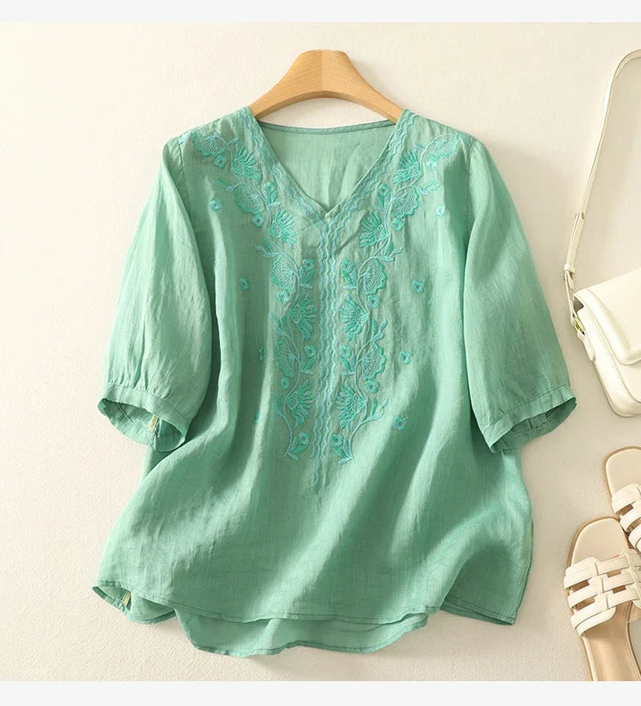 Tindelle | Women's Boho Embroidered Linen Blouse - Sage - Image 22