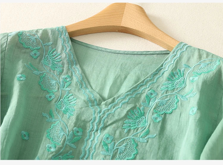 Tindelle | Women's Boho Embroidered Linen Blouse - Sage - Image 23