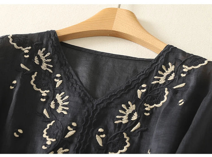 Tindelle | Women's Boho Embroidered Linen Blouse - Sage - Image 25