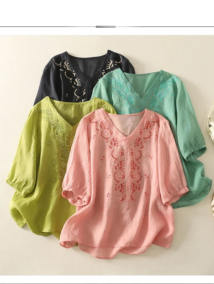Tindelle | Women's Boho Embroidered Linen Blouse - Sage - Image 28