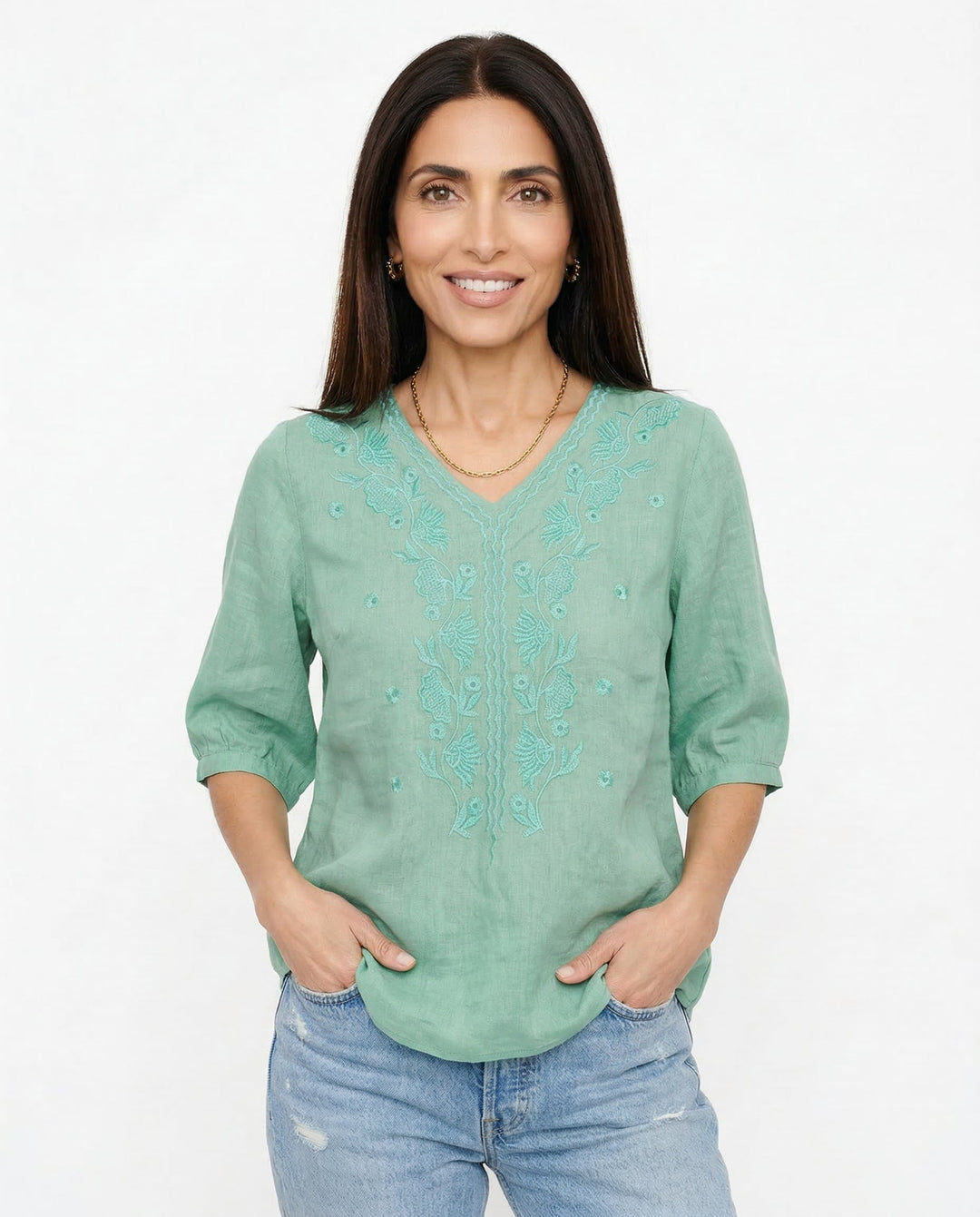 Tindelle | Women's Boho Embroidered Linen Blouse - Sage - Image 3