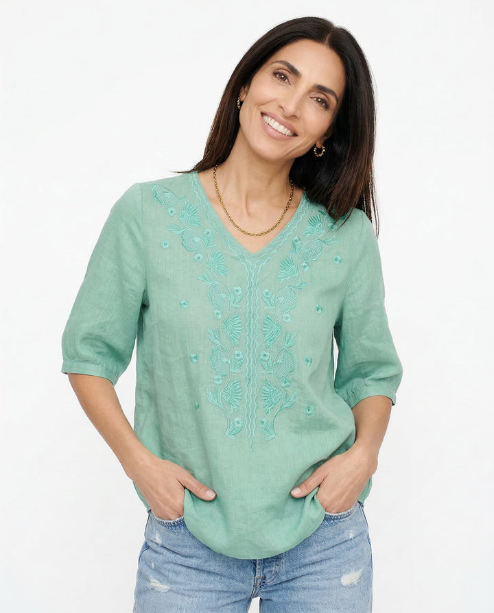 Tindelle | Women's Boho Embroidered Linen Blouse - Sage - Image 4