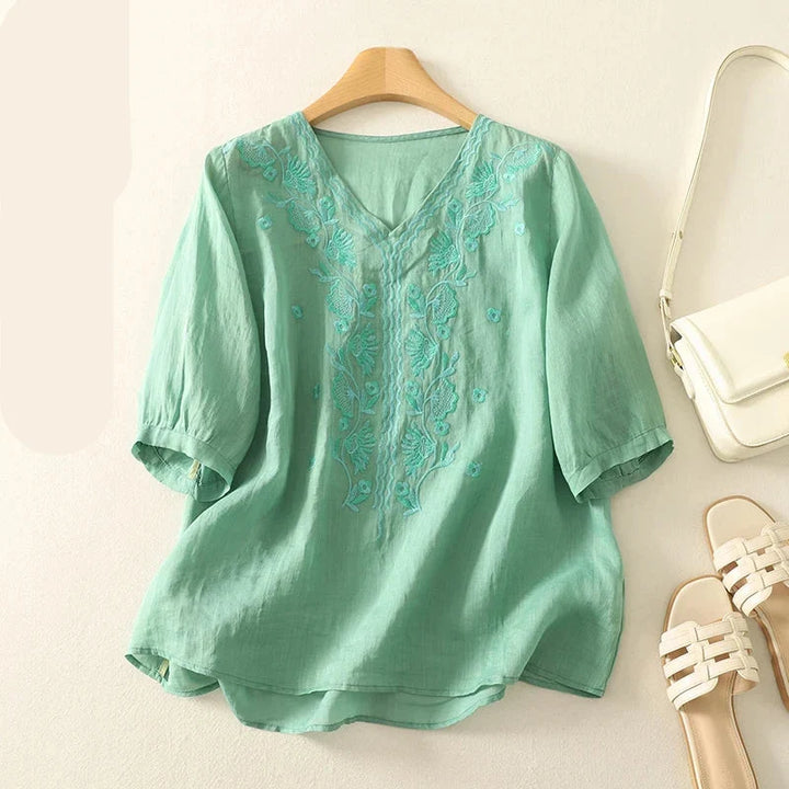 Tindelle | Women's Boho Embroidered Linen Blouse - Sage - Image 5