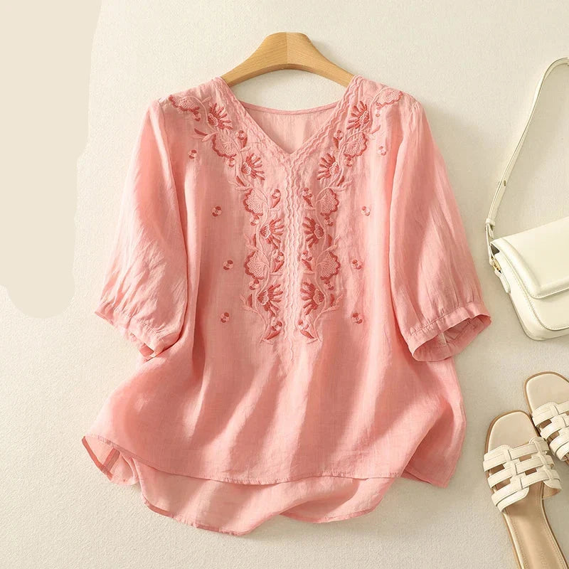 Tindelle | Women's Boho Embroidered Linen Blouse - Sage - Image 6