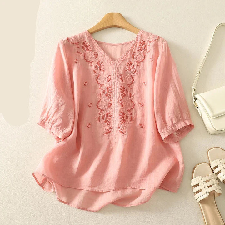 Tindelle | Women's Boho Embroidered Linen Blouse - Sage - Image 6