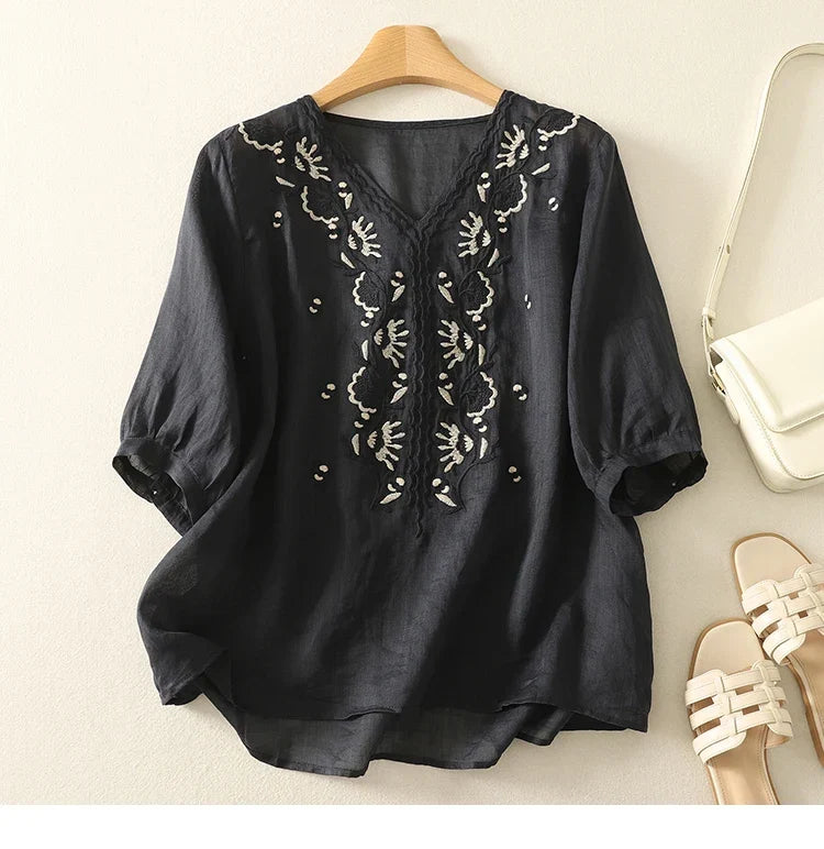 Tindelle | Women's Boho Embroidered Linen Blouse - Sage - Image 7