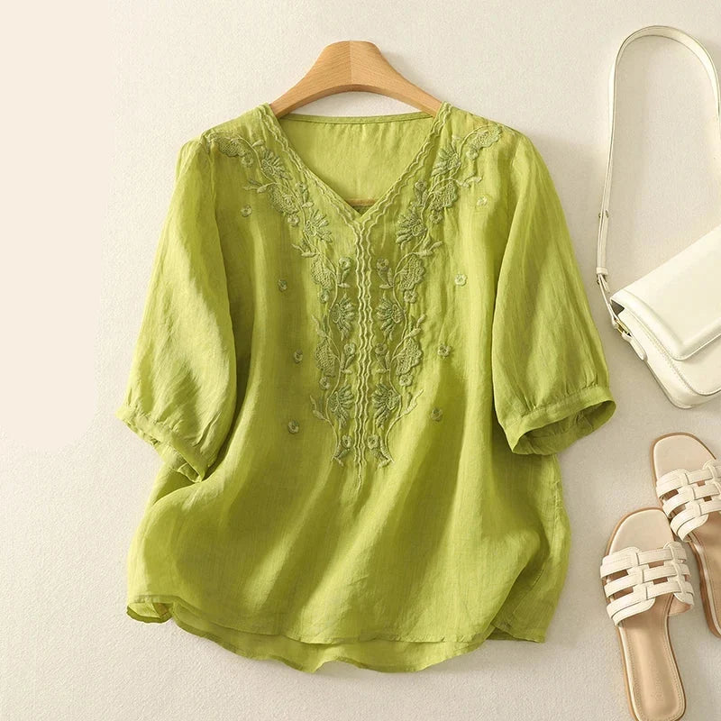 Tindelle | Women's Boho Embroidered Linen Blouse - Sage - Image 8