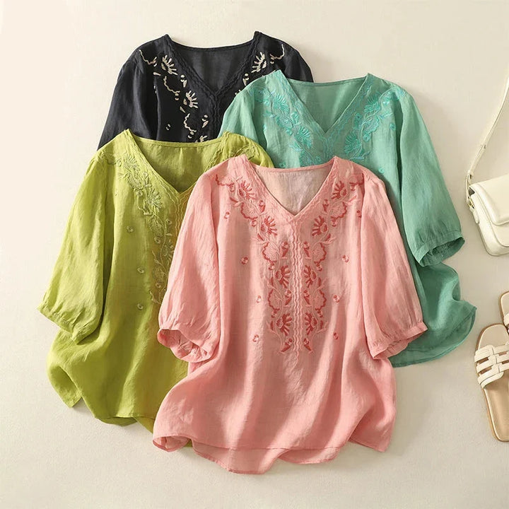 Tindelle | Women's Boho Embroidered Linen Blouse - Sage - Image 9