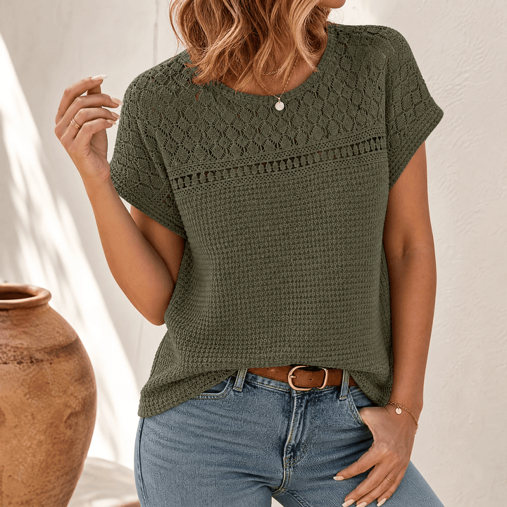 Tivara | Women's Crochet Knit Short Sleeve Top - Olive Green - Image 11