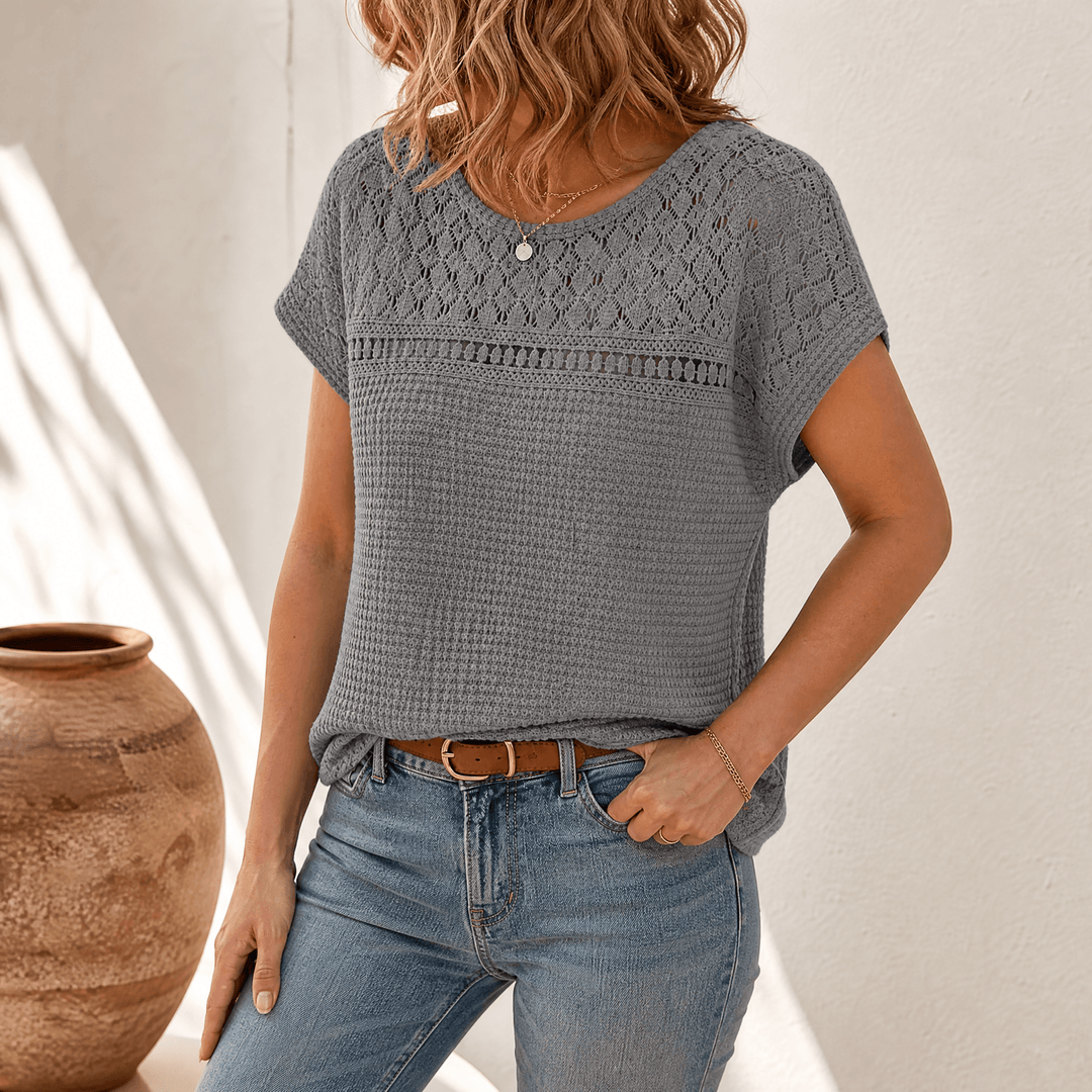 Tivara | Women's Crochet Knit Short Sleeve Top - Olive Green - Image 14