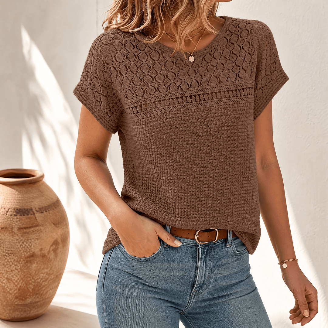 Tivara | Women's Crochet Knit Short Sleeve Top - Olive Green - Image 15
